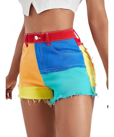 Women's High Waisted Raw Hem Distressed Ripped Casual Denim Shorts Multicolor Colorblock $20.64 Shorts