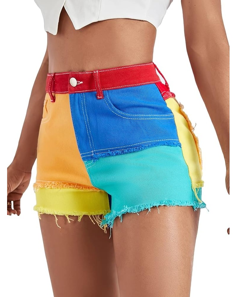 Women's High Waisted Raw Hem Distressed Ripped Casual Denim Shorts Multicolor Colorblock $20.64 Shorts