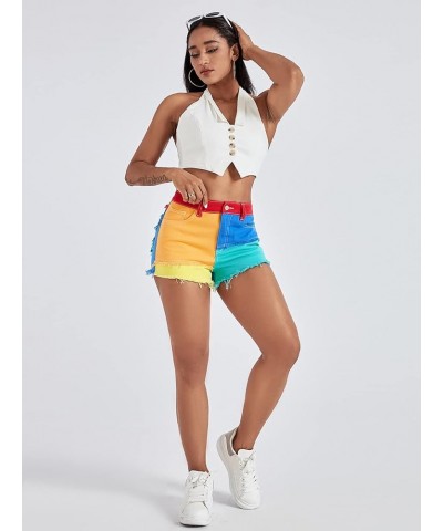 Women's High Waisted Raw Hem Distressed Ripped Casual Denim Shorts Multicolor Colorblock $20.64 Shorts