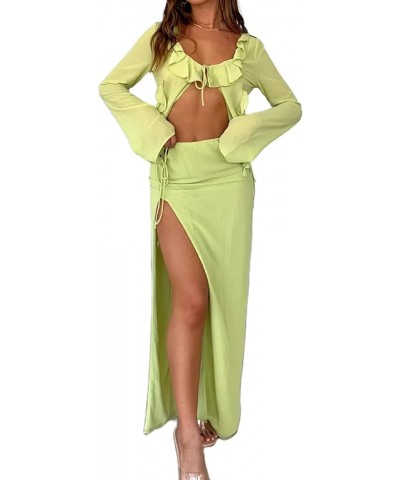 Women Y2K 2 Piece Long Skirt Set V Neck Halter Crop Top Off Shoulder Slim Fit Tube Top Split Maxi Skirts Outfit I-green $8.83...