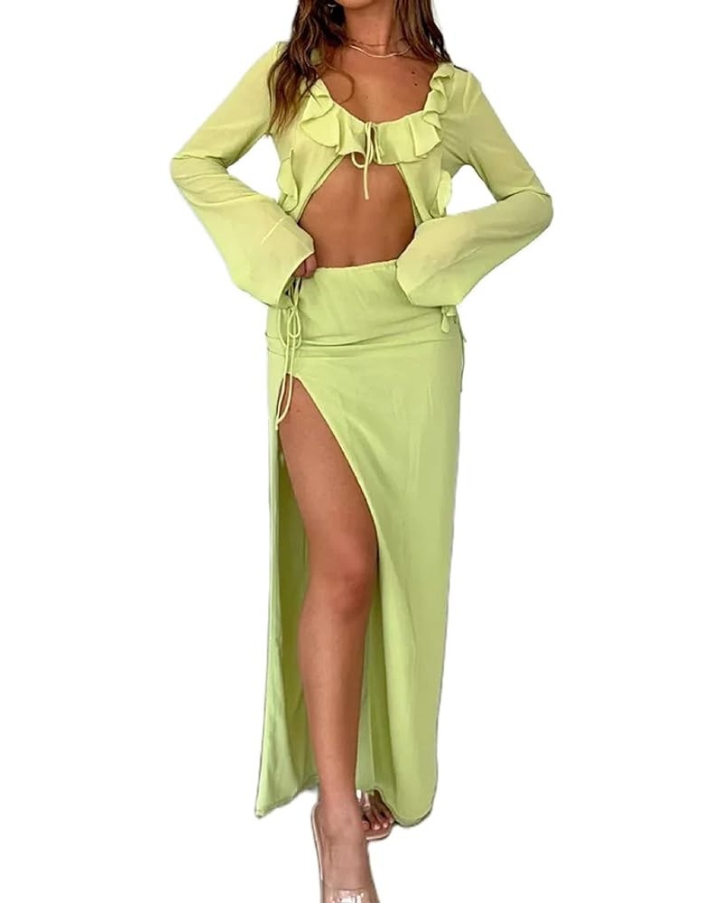 Women Y2K 2 Piece Long Skirt Set V Neck Halter Crop Top Off Shoulder Slim Fit Tube Top Split Maxi Skirts Outfit I-green $8.83...