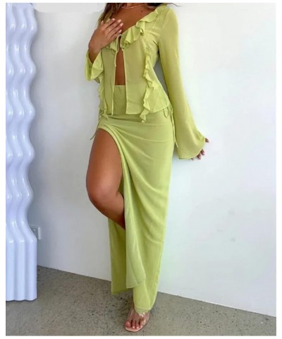 Women Y2K 2 Piece Long Skirt Set V Neck Halter Crop Top Off Shoulder Slim Fit Tube Top Split Maxi Skirts Outfit I-green $8.83...