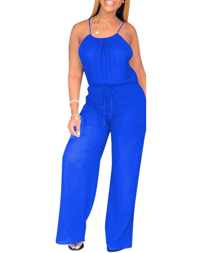 Women's Spaghetti Strap Drawstring Waisted Plain Long Pants Jumpsuit Rompers Blue $11.60 Jumpsuits