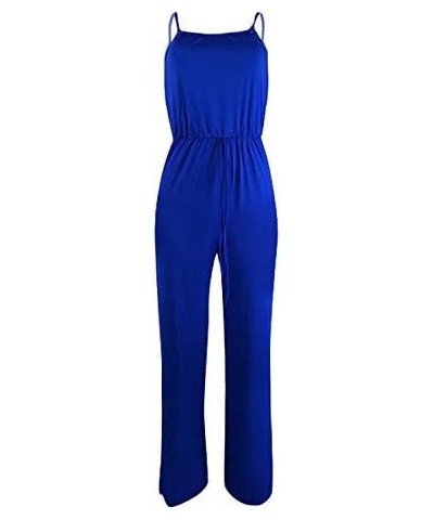 Women's Spaghetti Strap Drawstring Waisted Plain Long Pants Jumpsuit Rompers Blue $11.60 Jumpsuits