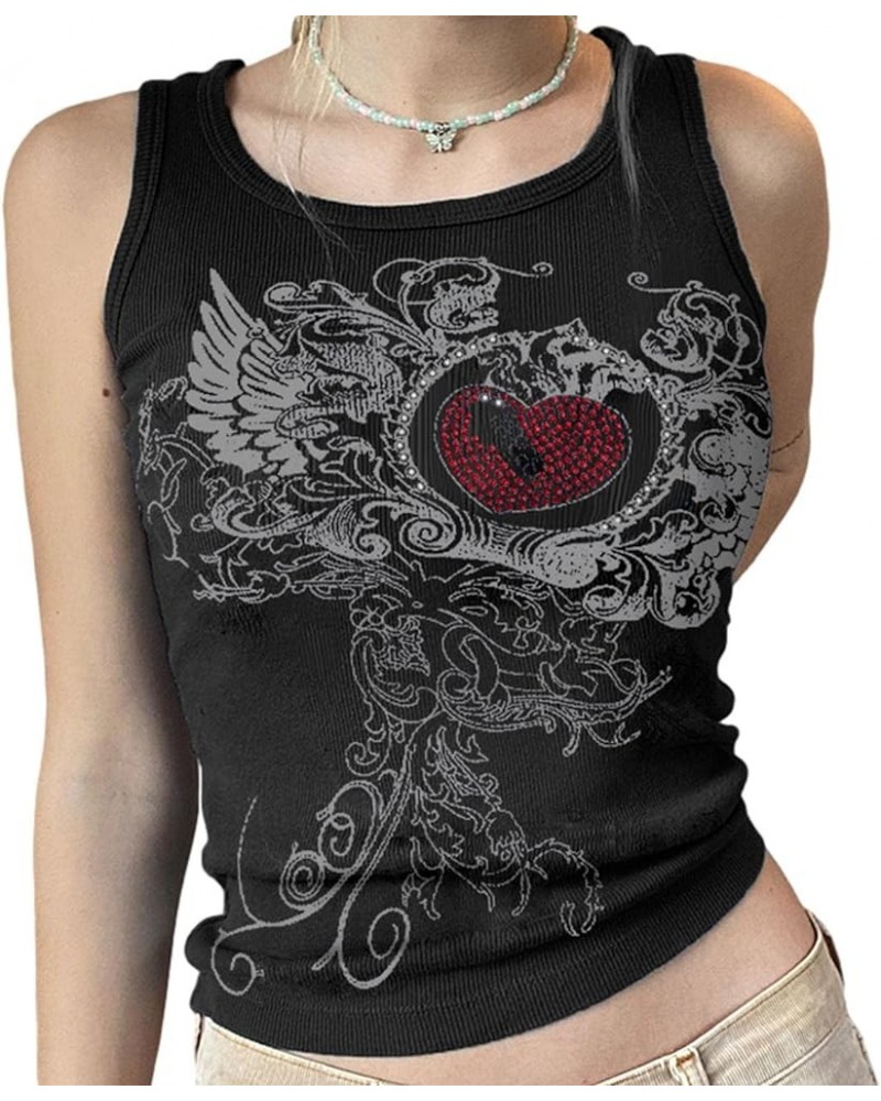 Grunge Crop Tank Top for Women Graphic Print Tee Shirts Sleeveless Racerback Y2k Cami Vest Tops Punk Harajuku Heart Ribbed Bl...