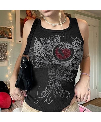 Grunge Crop Tank Top for Women Graphic Print Tee Shirts Sleeveless Racerback Y2k Cami Vest Tops Punk Harajuku Heart Ribbed Bl...