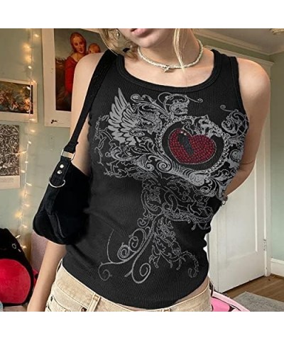 Grunge Crop Tank Top for Women Graphic Print Tee Shirts Sleeveless Racerback Y2k Cami Vest Tops Punk Harajuku Heart Ribbed Bl...