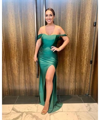 Off Shoulder Mermaid Bridesmaid Dresses Long Satin Split Prom Dress Bodycon Formal Gowns with Slit Gold $36.55 Dresses