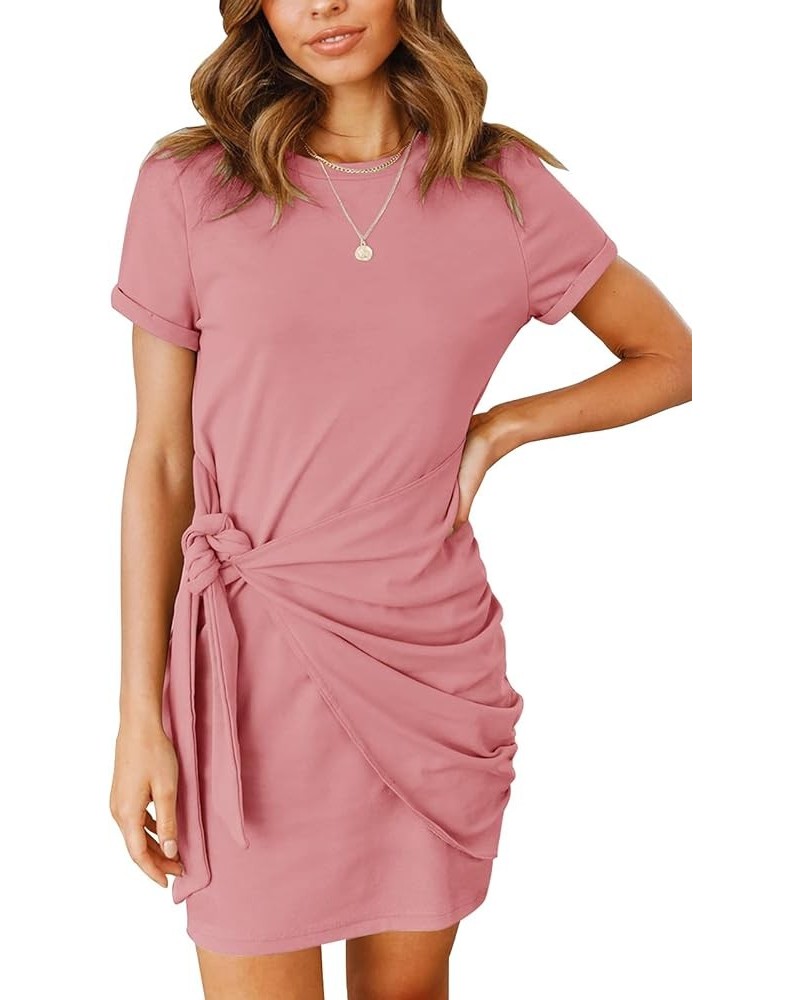 Women's Short Sleeve Crew Neck T Shirt Dress Tie Waist Ruched Bodycon Mini Dress Dusty Pink $19.13 Dresses