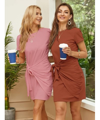 Women's Short Sleeve Crew Neck T Shirt Dress Tie Waist Ruched Bodycon Mini Dress Dusty Pink $19.13 Dresses