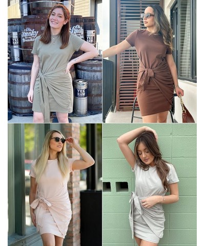 Women's Short Sleeve Crew Neck T Shirt Dress Tie Waist Ruched Bodycon Mini Dress Dusty Pink $19.13 Dresses