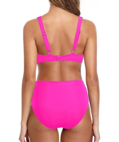 Women High Waisted Bikini Set Two Piece V Neck Bathing Suit Full Coverage Tummy Control Swimsuit Hot Pink $18.55 Swimsuits