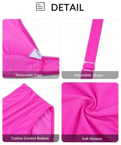 Women High Waisted Bikini Set Two Piece V Neck Bathing Suit Full Coverage Tummy Control Swimsuit Hot Pink $18.55 Swimsuits