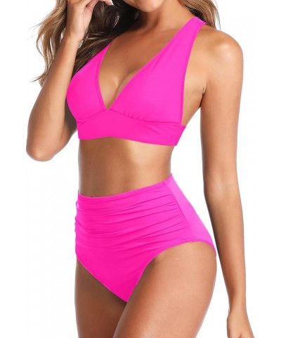 Women High Waisted Bikini Set Two Piece V Neck Bathing Suit Full Coverage Tummy Control Swimsuit Hot Pink $18.55 Swimsuits