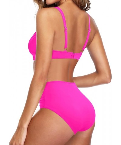 Women High Waisted Bikini Set Two Piece V Neck Bathing Suit Full Coverage Tummy Control Swimsuit Hot Pink $18.55 Swimsuits