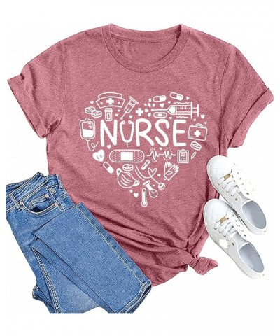 Women Nurse Life Shirt Nurse Letter Print Tee Tops Nurse Day Gifts Shirts Inspirational Short Sleeve Pink $14.24 T-Shirts