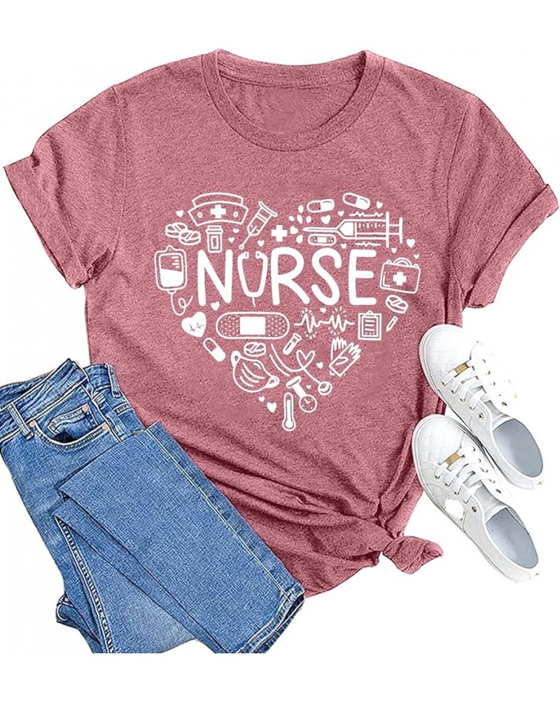 Women Nurse Life Shirt Nurse Letter Print Tee Tops Nurse Day Gifts Shirts Inspirational Short Sleeve Pink $14.24 T-Shirts