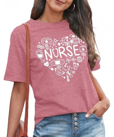 Women Nurse Life Shirt Nurse Letter Print Tee Tops Nurse Day Gifts Shirts Inspirational Short Sleeve Pink $14.24 T-Shirts