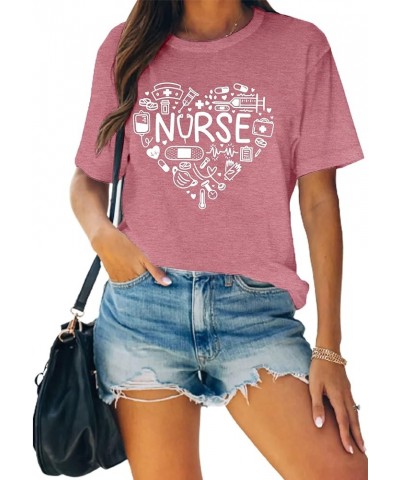 Women Nurse Life Shirt Nurse Letter Print Tee Tops Nurse Day Gifts Shirts Inspirational Short Sleeve Pink $14.24 T-Shirts