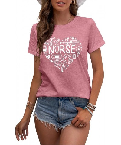 Women Nurse Life Shirt Nurse Letter Print Tee Tops Nurse Day Gifts Shirts Inspirational Short Sleeve Pink $14.24 T-Shirts