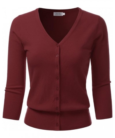 Women's 3/4 Sleeve V-Neck Button Down Knit Sweater Soft Cardigan (S-XXL) Dbt303_burgundy $17.97 Sweaters