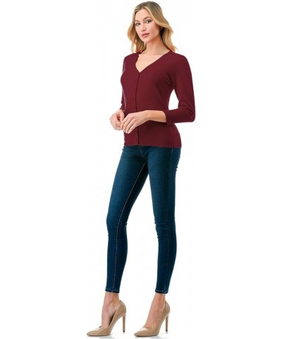 Women's 3/4 Sleeve V-Neck Button Down Knit Sweater Soft Cardigan (S-XXL) Dbt303_burgundy $17.97 Sweaters