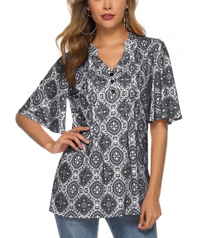 Women's Floral Print Short Ruffle Sleeve Pleated Front V Neck Button Tunic Tops Pattern Gray $13.86 Tops