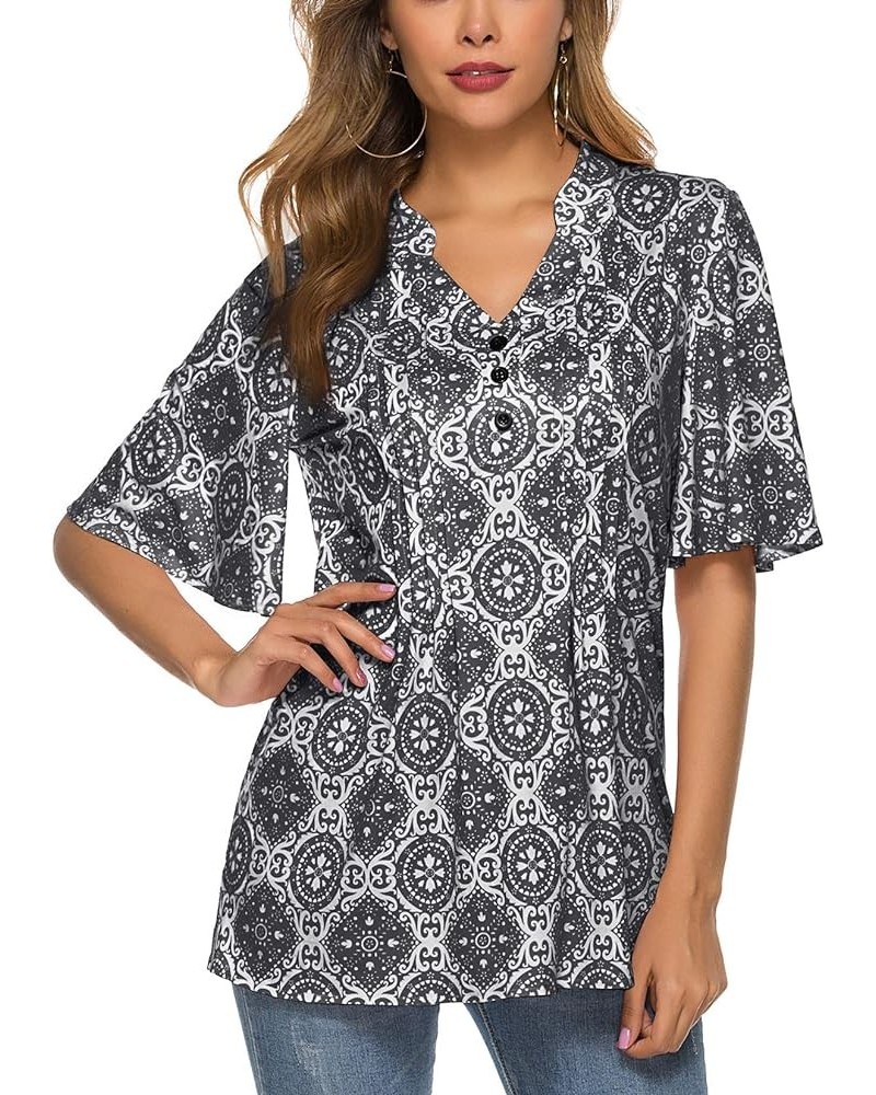 Women's Floral Print Short Ruffle Sleeve Pleated Front V Neck Button Tunic Tops Pattern Gray $13.86 Tops