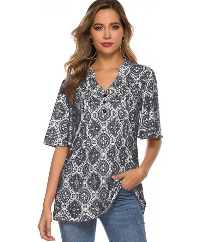 Women's Floral Print Short Ruffle Sleeve Pleated Front V Neck Button Tunic Tops Pattern Gray $13.86 Tops