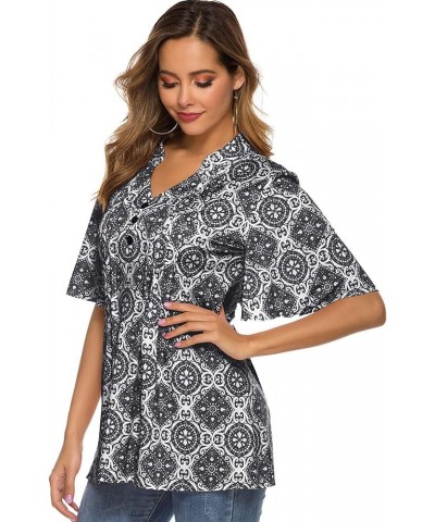 Women's Floral Print Short Ruffle Sleeve Pleated Front V Neck Button Tunic Tops Pattern Gray $13.86 Tops