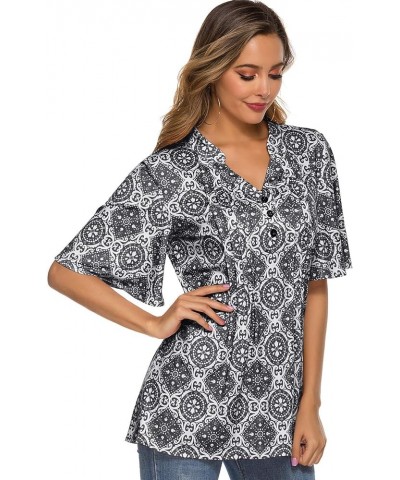 Women's Floral Print Short Ruffle Sleeve Pleated Front V Neck Button Tunic Tops Pattern Gray $13.86 Tops