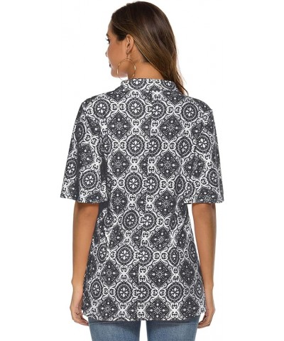 Women's Floral Print Short Ruffle Sleeve Pleated Front V Neck Button Tunic Tops Pattern Gray $13.86 Tops