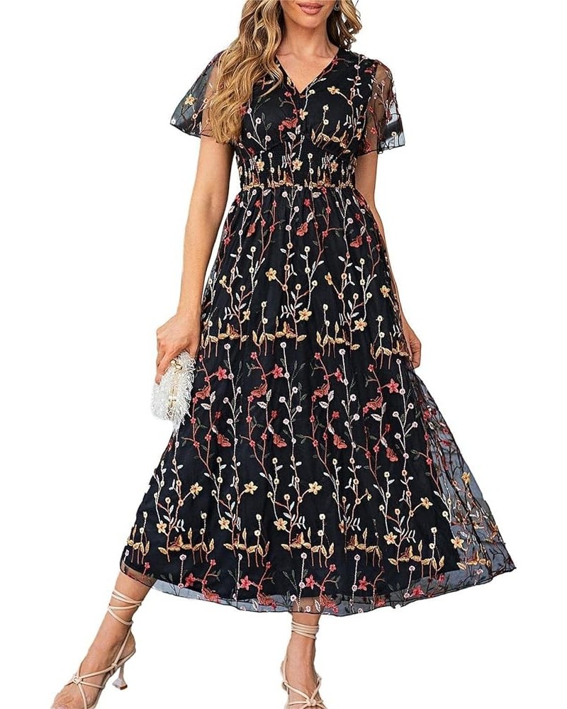 Women's Sequin Floral Embroidery Short Sleeve Wedding Party Prom Evening Dress Mother of The Bride Dresses Mesh Floral-black ...