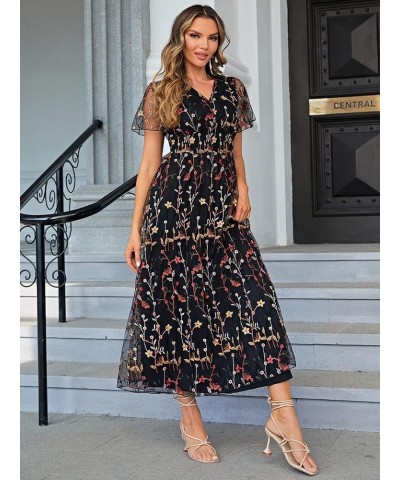 Women's Sequin Floral Embroidery Short Sleeve Wedding Party Prom Evening Dress Mother of The Bride Dresses Mesh Floral-black ...