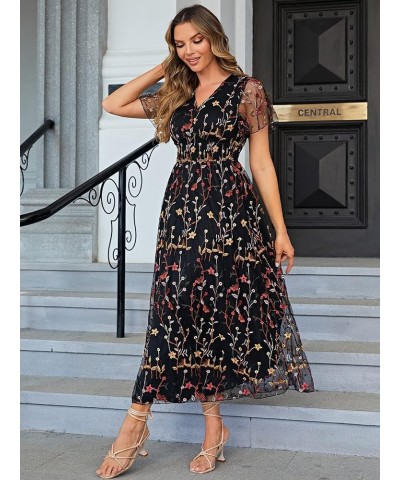 Women's Sequin Floral Embroidery Short Sleeve Wedding Party Prom Evening Dress Mother of The Bride Dresses Mesh Floral-black ...