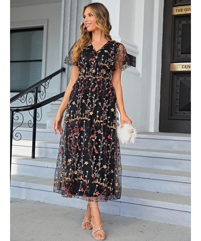 Women's Sequin Floral Embroidery Short Sleeve Wedding Party Prom Evening Dress Mother of The Bride Dresses Mesh Floral-black ...