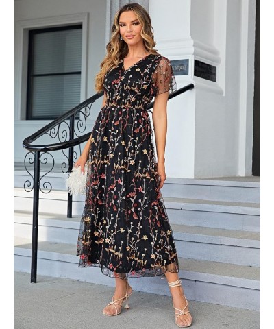 Women's Sequin Floral Embroidery Short Sleeve Wedding Party Prom Evening Dress Mother of The Bride Dresses Mesh Floral-black ...