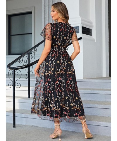 Women's Sequin Floral Embroidery Short Sleeve Wedding Party Prom Evening Dress Mother of The Bride Dresses Mesh Floral-black ...