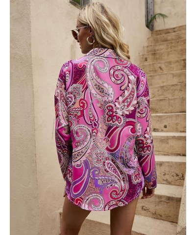 Women's Chiffon Sexy Leopard V Neck Long Sleeve Blouse Shirt Tops Deep Pink $16.56 Blouses