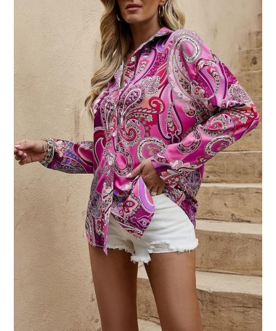 Women's Chiffon Sexy Leopard V Neck Long Sleeve Blouse Shirt Tops Deep Pink $16.56 Blouses