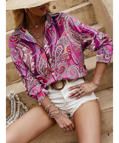 Women's Chiffon Sexy Leopard V Neck Long Sleeve Blouse Shirt Tops Deep Pink $16.56 Blouses