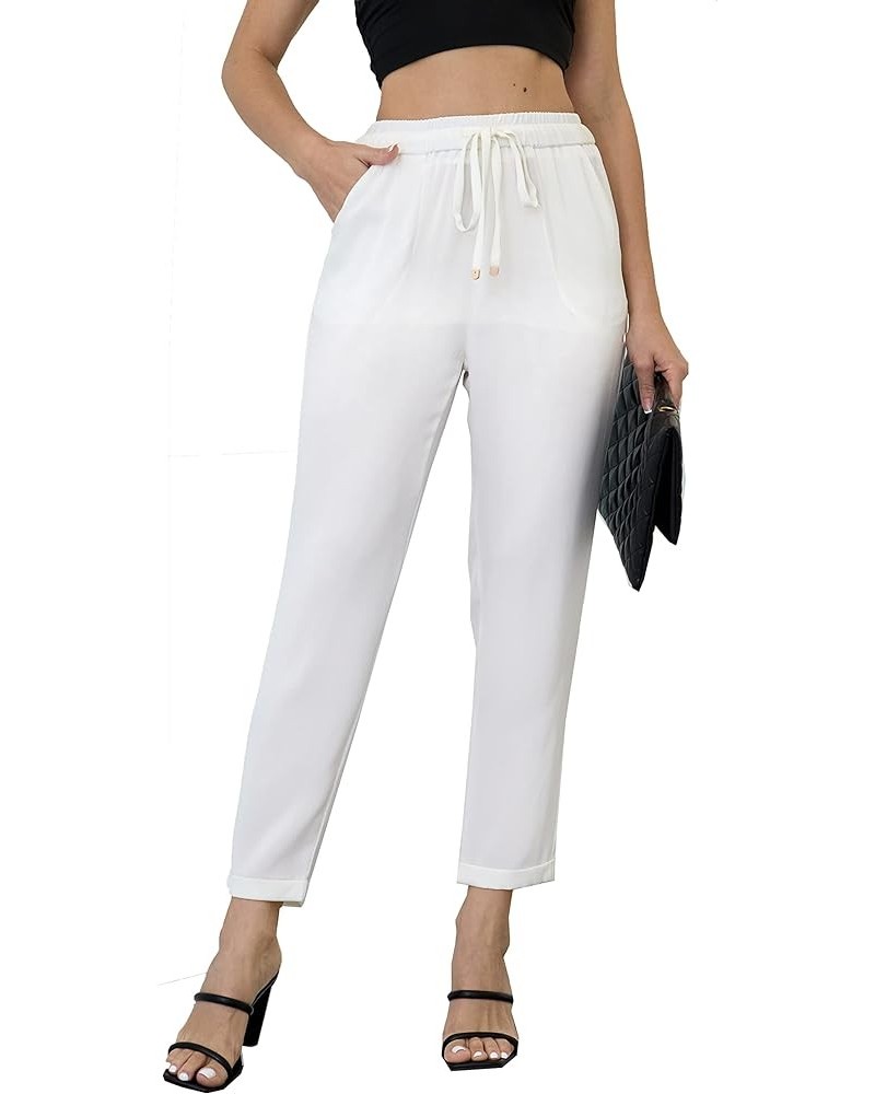 Women's Summer Dressy Casual High Waist Sparkle Silky Satin Pants Trousers Drawstringa White $14.74 Pants