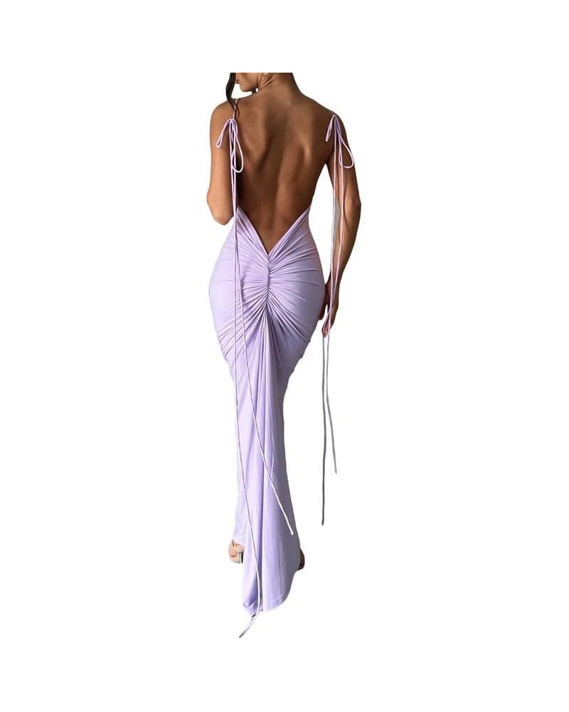 Women Sexy Long Dress Bodycon Open Back Tie Up Solid Color Halter Neck Sleeveless Summer Clubwear Beach Dress Ii V Back Purpl...