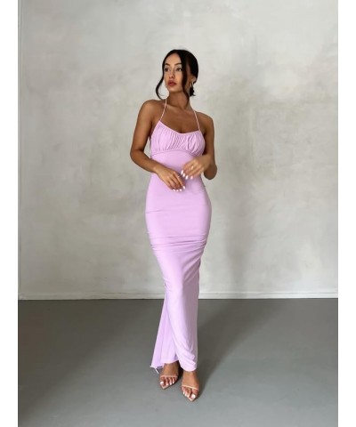 Women Sexy Long Dress Bodycon Open Back Tie Up Solid Color Halter Neck Sleeveless Summer Clubwear Beach Dress Ii V Back Purpl...