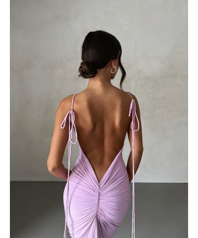 Women Sexy Long Dress Bodycon Open Back Tie Up Solid Color Halter Neck Sleeveless Summer Clubwear Beach Dress Ii V Back Purpl...