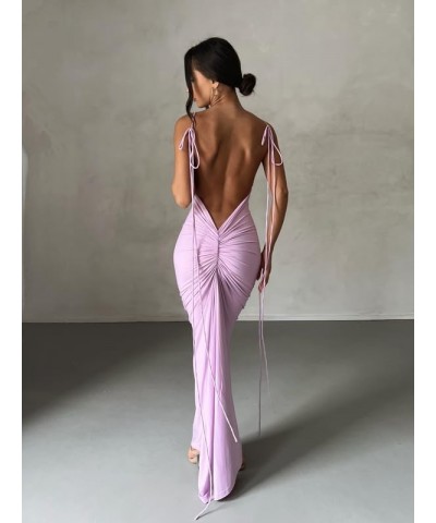 Women Sexy Long Dress Bodycon Open Back Tie Up Solid Color Halter Neck Sleeveless Summer Clubwear Beach Dress Ii V Back Purpl...