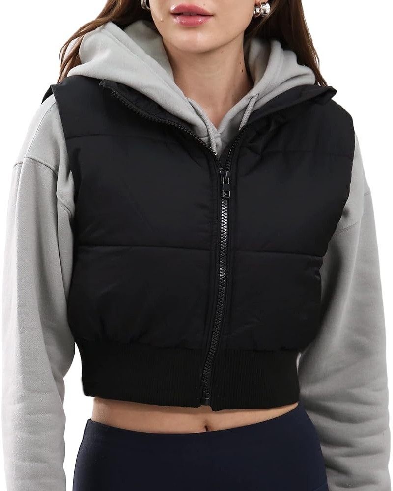 Womens Cropped Puffer Vest Zip Up Sleeveless Padded Winter Crop Top Black $15.99 Vests