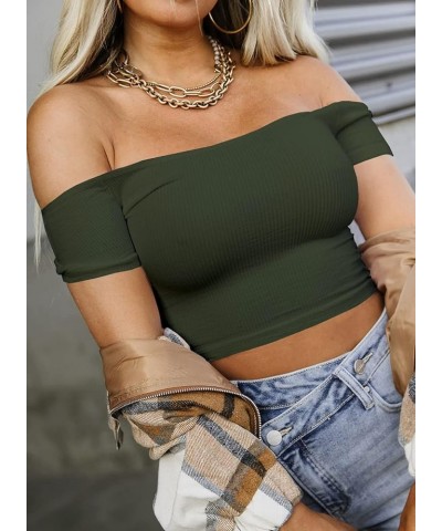 Womens Off Shoulder Crop Tops Summer Short Sleeve Ribbed Knit Fitted T Shirts Army Green $7.83 T-Shirts