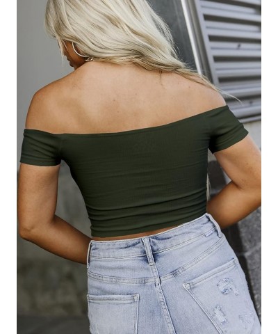 Womens Off Shoulder Crop Tops Summer Short Sleeve Ribbed Knit Fitted T Shirts Army Green $7.83 T-Shirts