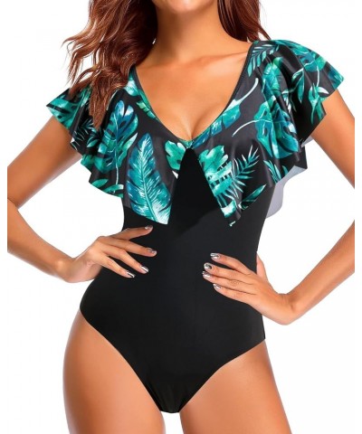 Women Ruffle One Piece Swimsuit Flounce Sleeve Swimwear V Neck Bathing Suit for Teen Girls Green Leaves Black $13.64 Swimsuits